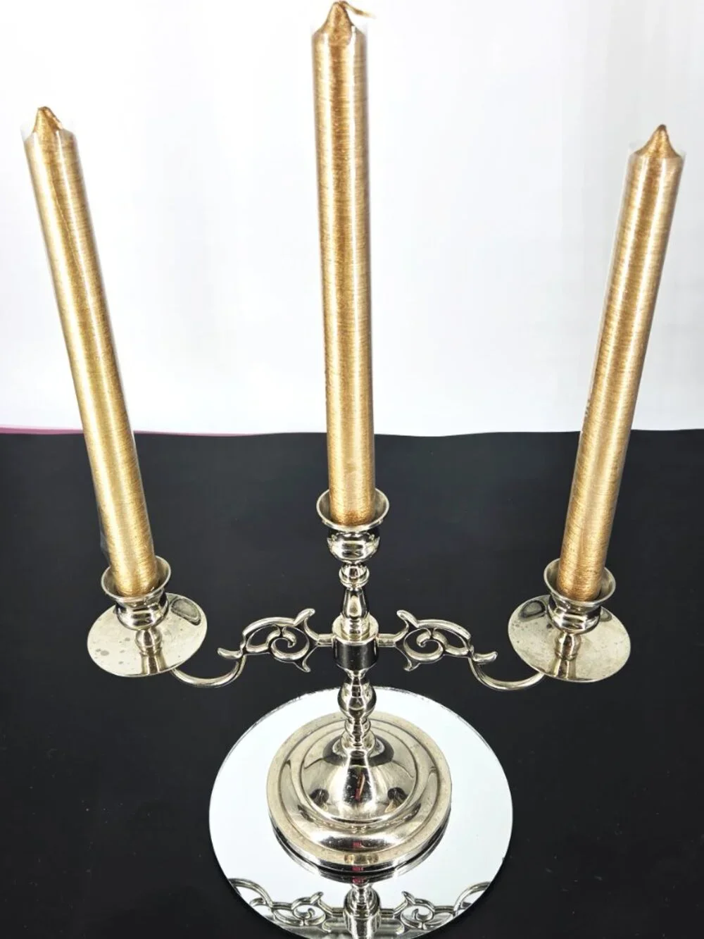 Vintage Silver Metal Ornate Scrollwork 3 Arm Candelabra Taper Candles Weighted